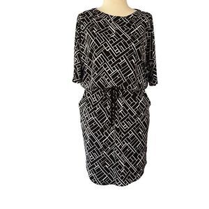 Lauren Ralph Lauren Black White Geometric Drawstring Waist Dress Women’s Medium